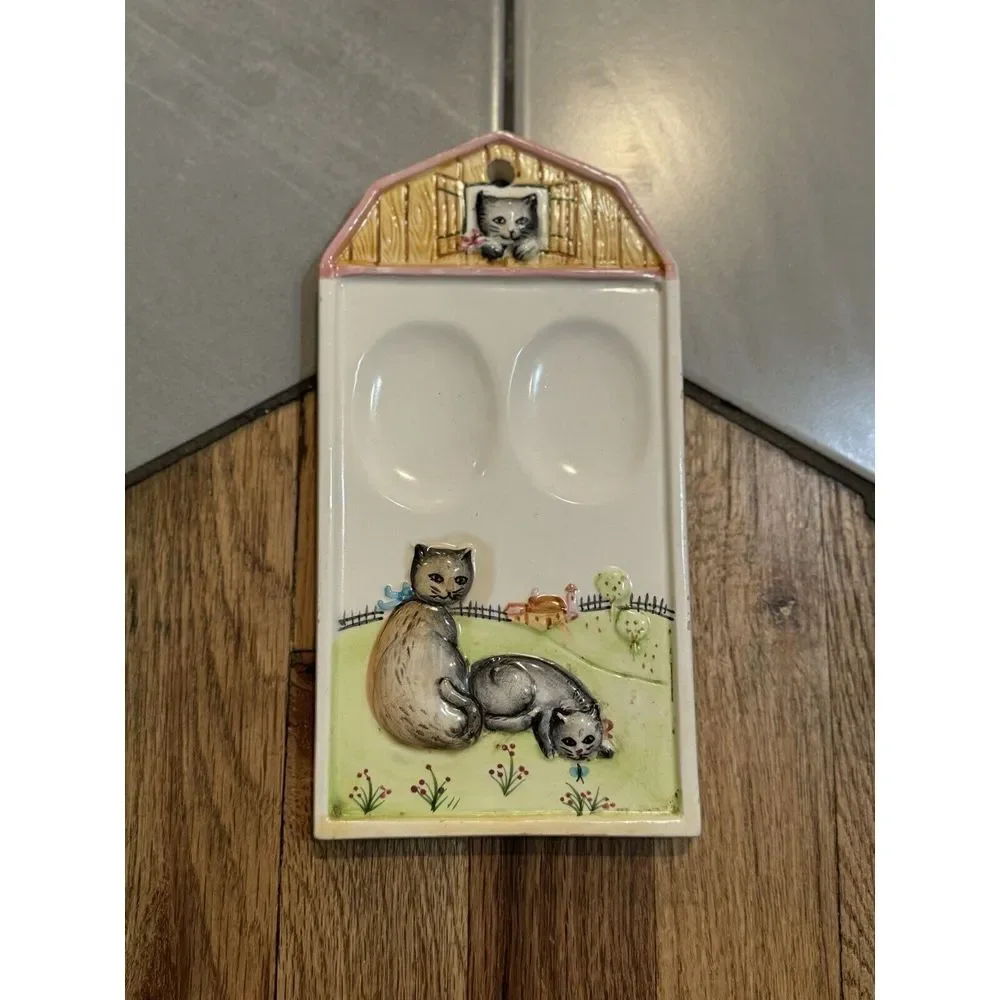 Ceramic Cat Wall Hanging Spoon Rest Trinket Tray Farm Cottagecore Kitty Barn